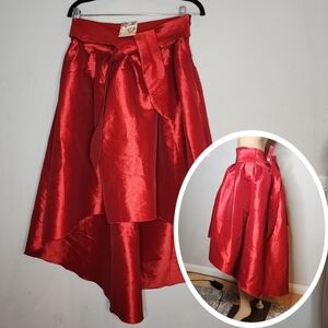 NWT Varga Red Pleated Hi Low Belted Stretch Taffeta Skirt Size Large